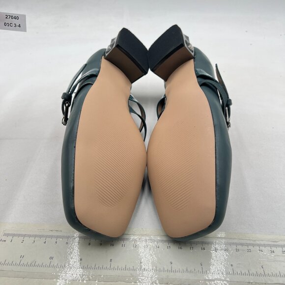 YDN Teal Pumps Elastic Mary Jane Studded Block Low Heel Square Toe Buckle Shoe - Picture 7 of 8